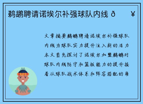 鹈鹕聘请诺埃尔补强球队内线 🔥